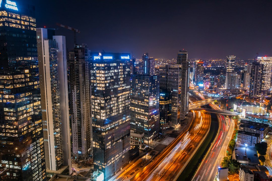 Financial district skyscrapers at night