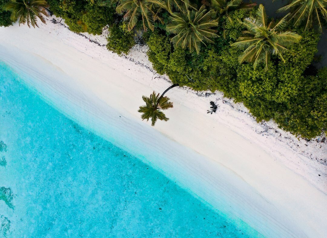 Aerial drone view of a remote tropical beach and island, representing the simulated desert island used in MIT's Claude agent play experiment