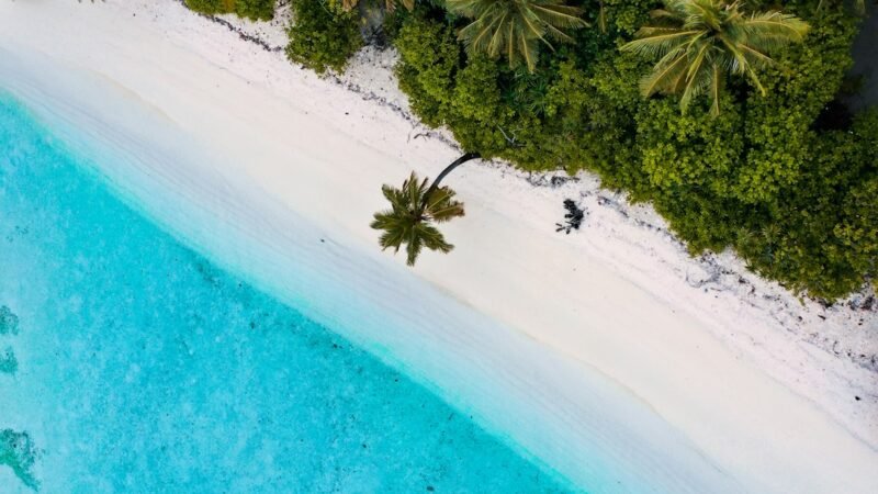 Aerial drone view of a remote tropical beach and island, representing the simulated desert island used in MIT's Claude agent play experiment