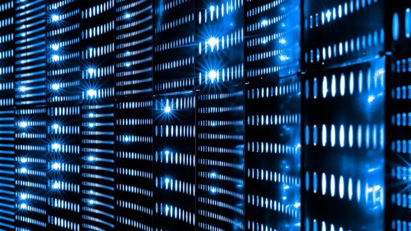 A wall of blue server lights representing the data center infrastructure behind Nvidia's AI push into Kazakhstan
