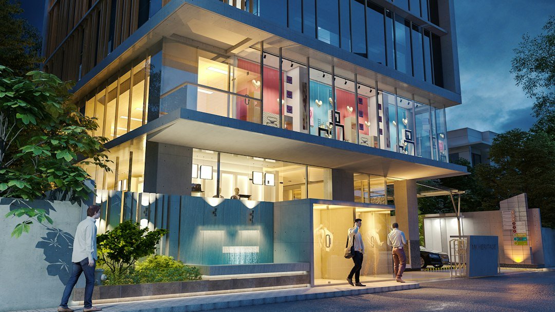 Office building entrance at dusk, representing a corporate AI research lab