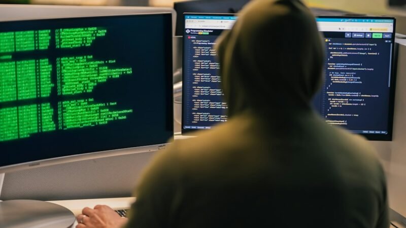 A person working across multiple computer screens in a dark room, evoking digital surveillance