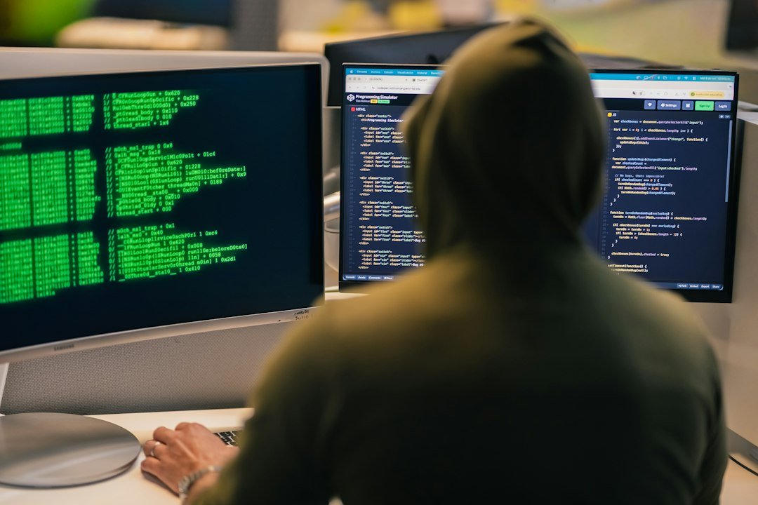 A person working across multiple computer screens in a dark room, evoking digital surveillance