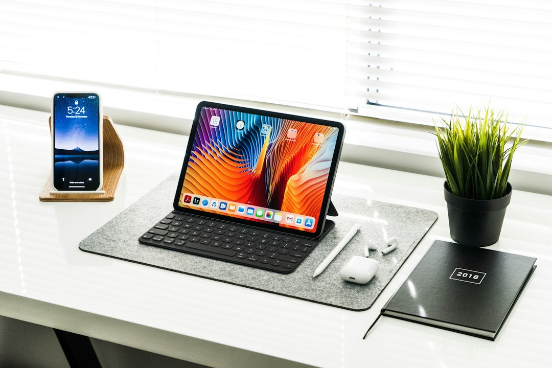 Tablet device resting on a desk