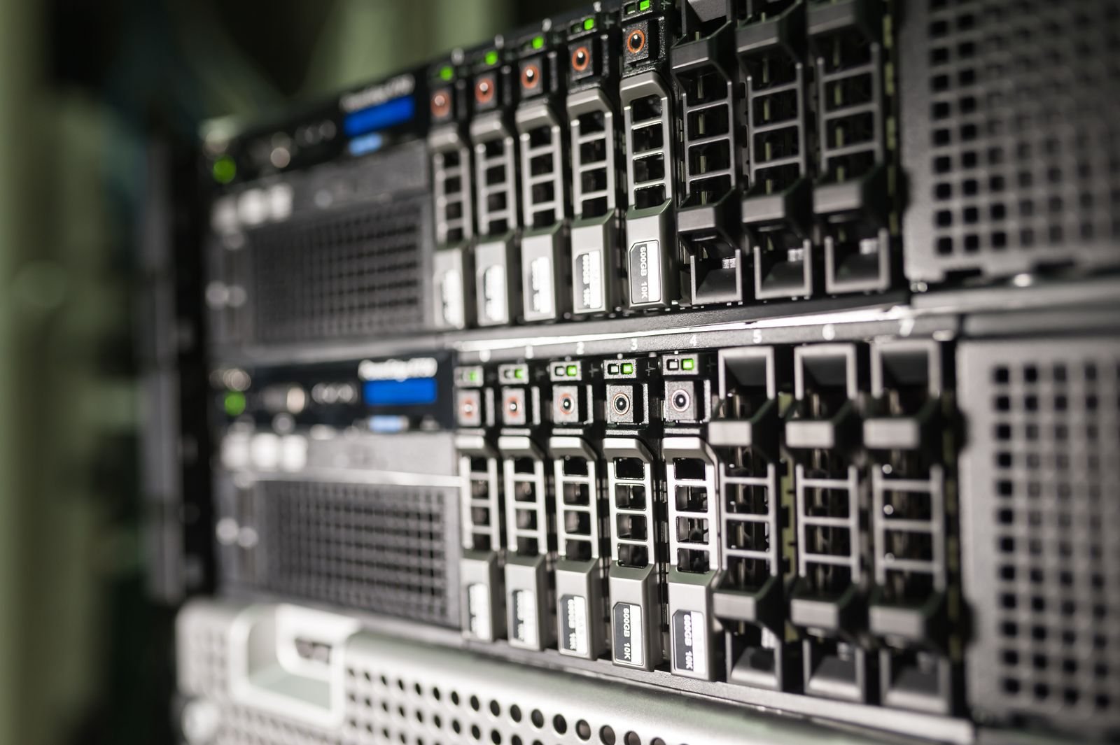 Rack-mounted servers with drive bays in a modern data center