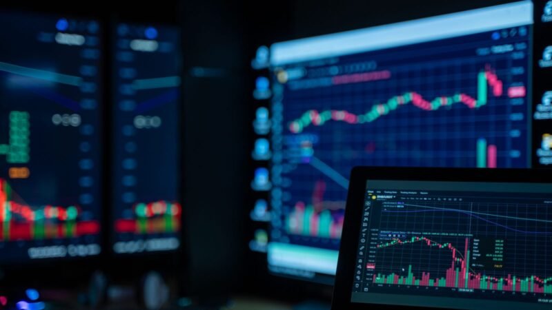 Monitors showing stock market charts in a dimly lit trading room