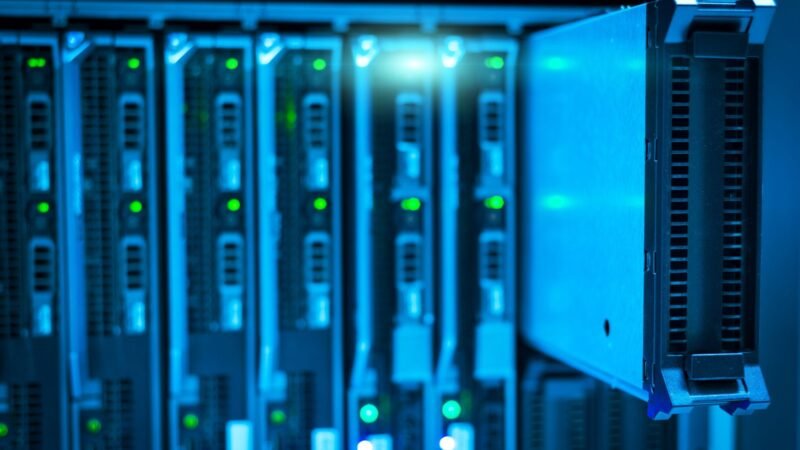Close-up of a server rack in a data center