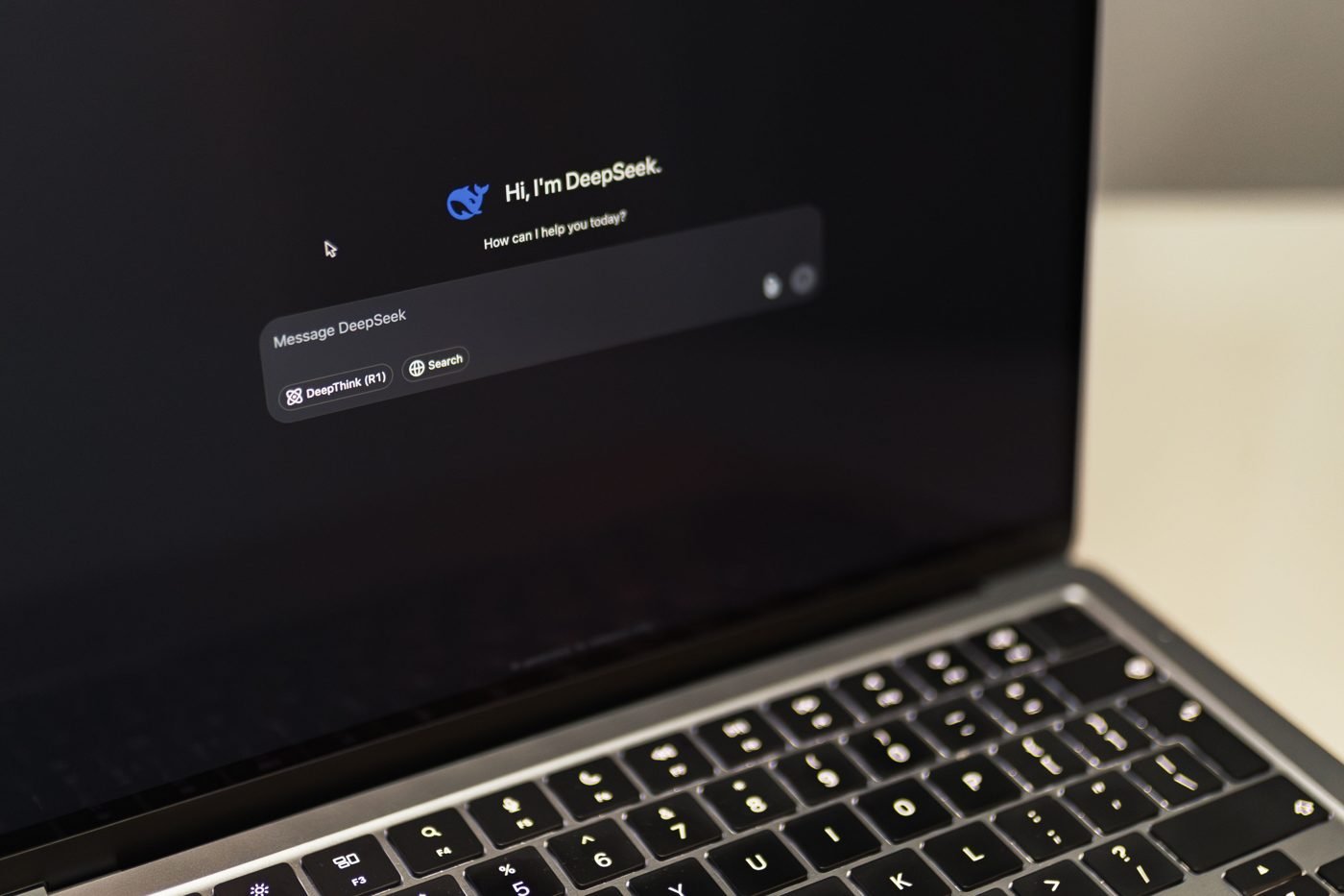 Laptop screen showing the DeepSeek chatbot start page