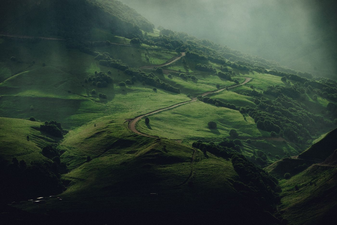 Mist-covered green hills under an overcast sky