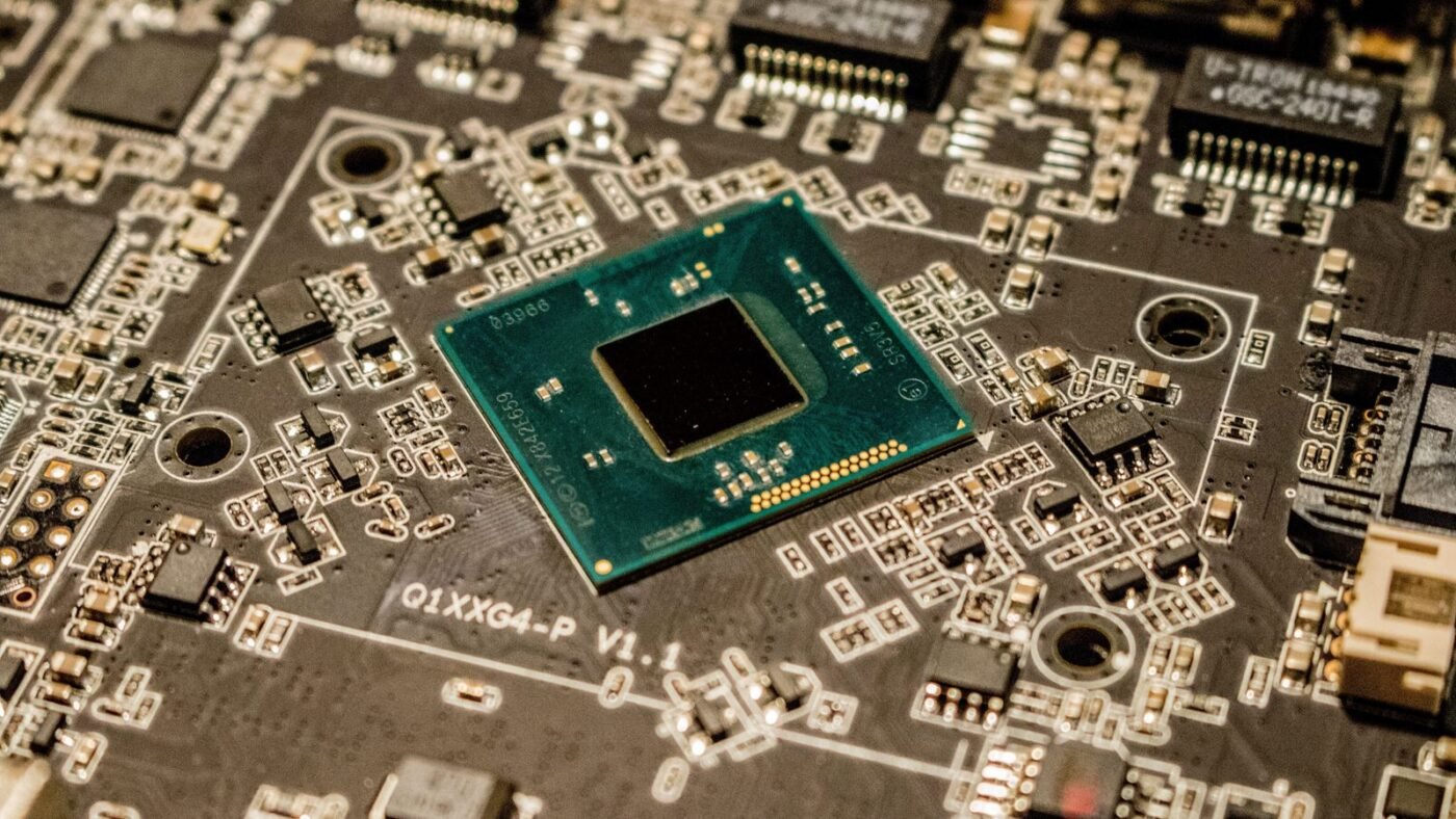 Close-up of a microchip on a printed circuit board