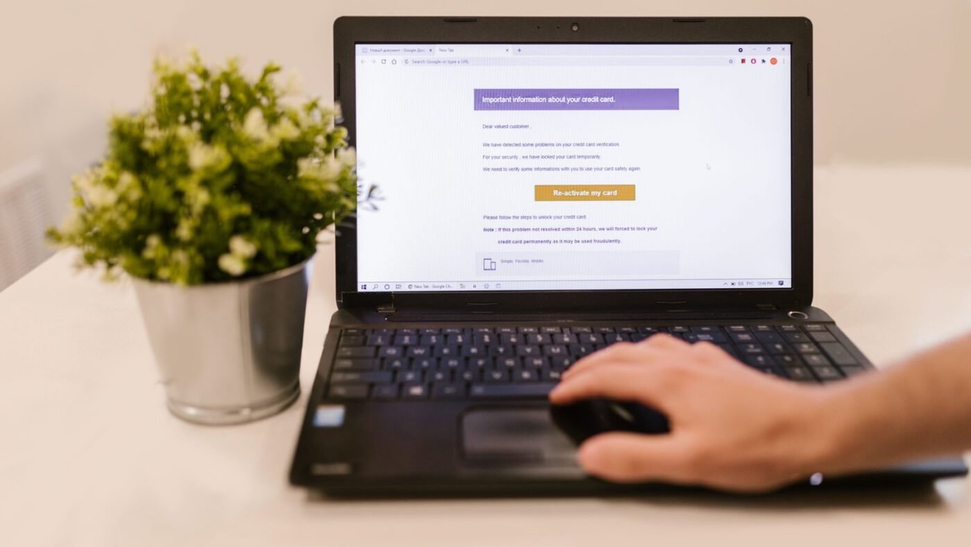 Person reading an email on a laptop beside a potted plant