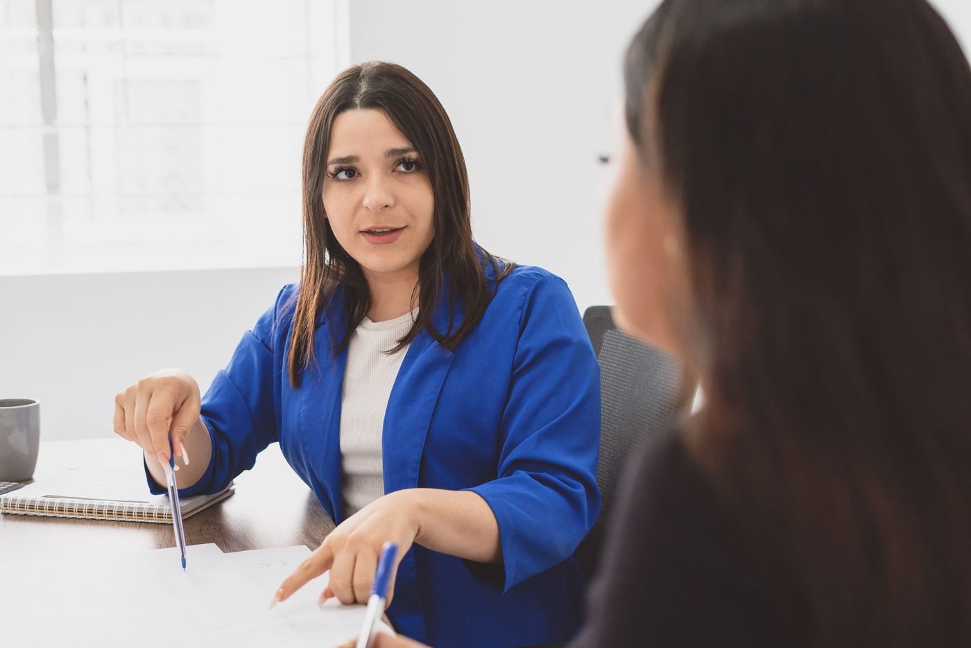 Two colleagues discussing work plans across a desk in an office