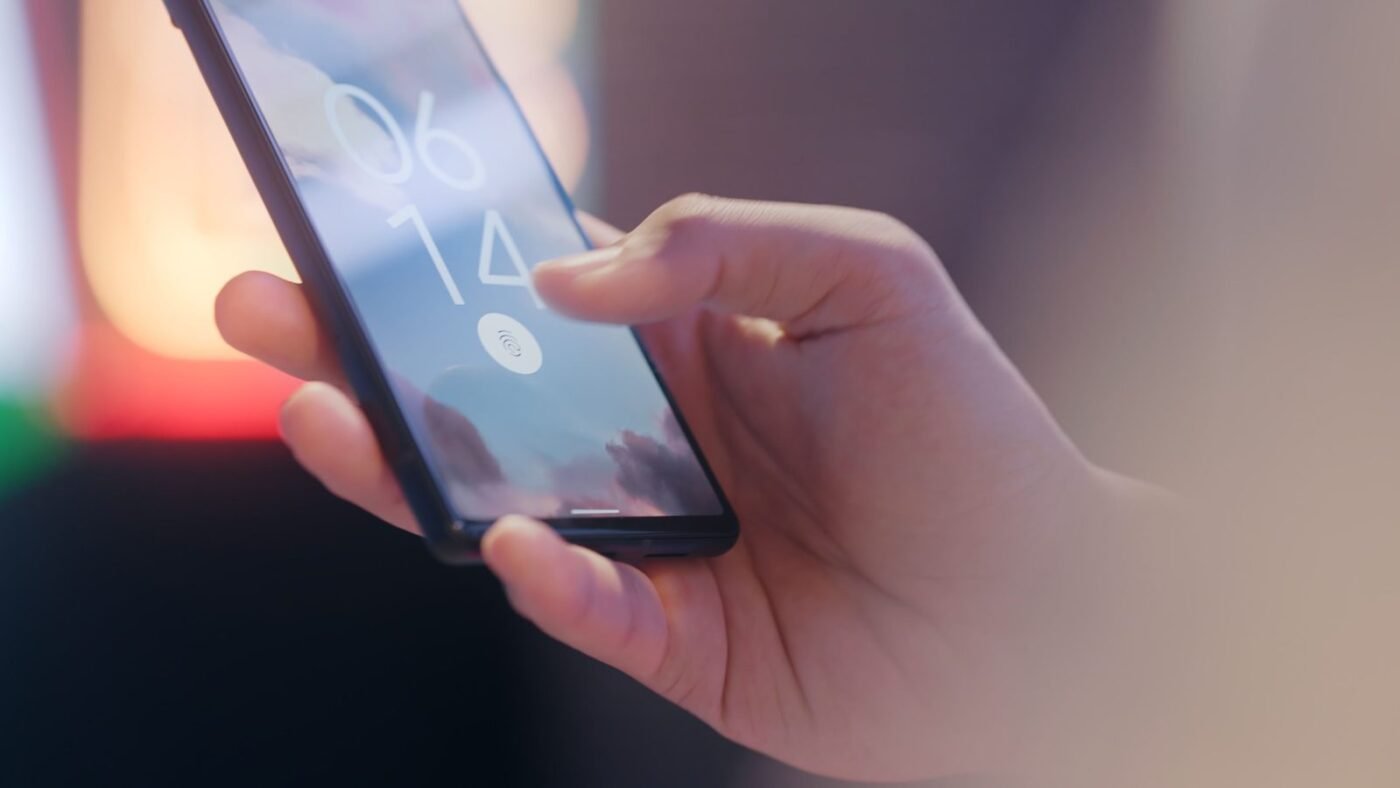 Hand holding a smartphone showing a fingerprint unlock prompt