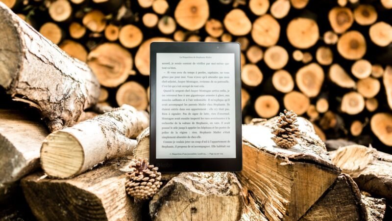 E-reader resting on a pile of wooden logs outdoors