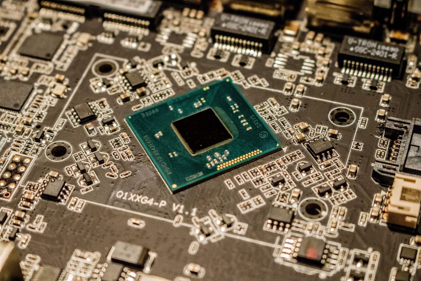 Close-up of a microchip mounted on a printed circuit board