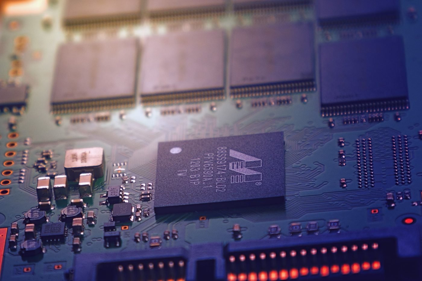 Close-up of microchips on an electronic circuit board