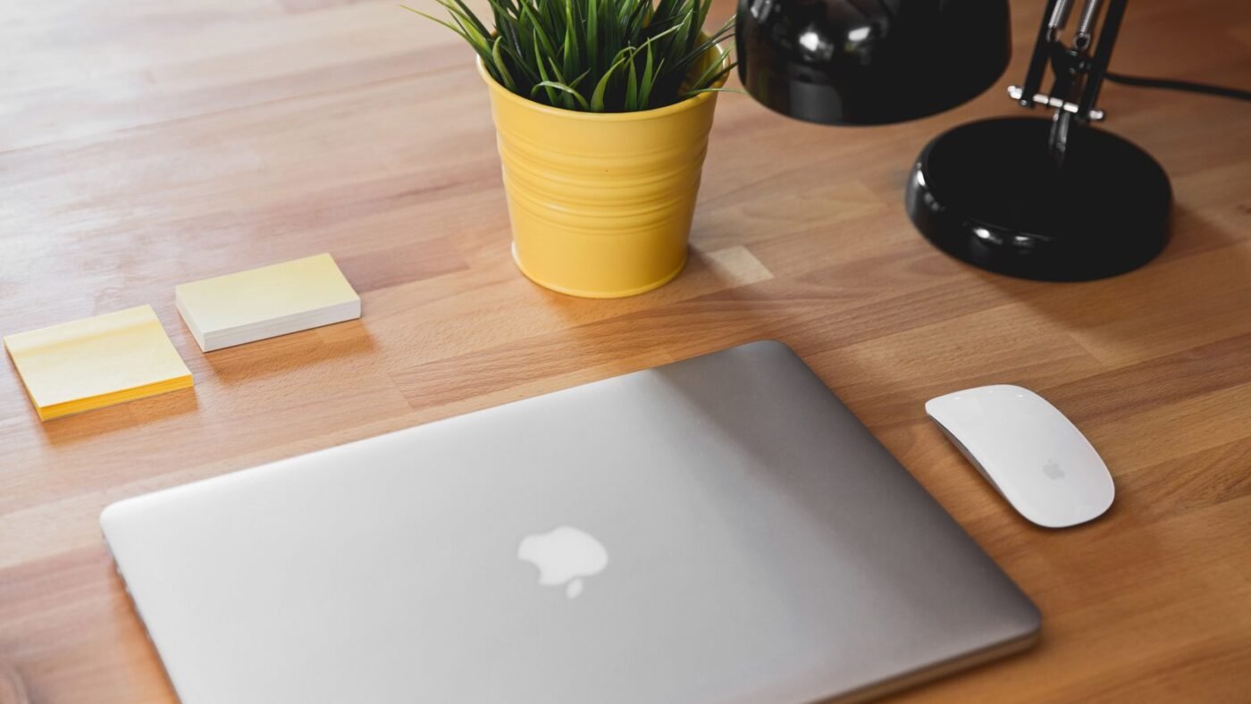 Closed MacBook on a wooden desk beside a plant, lamp and mouse