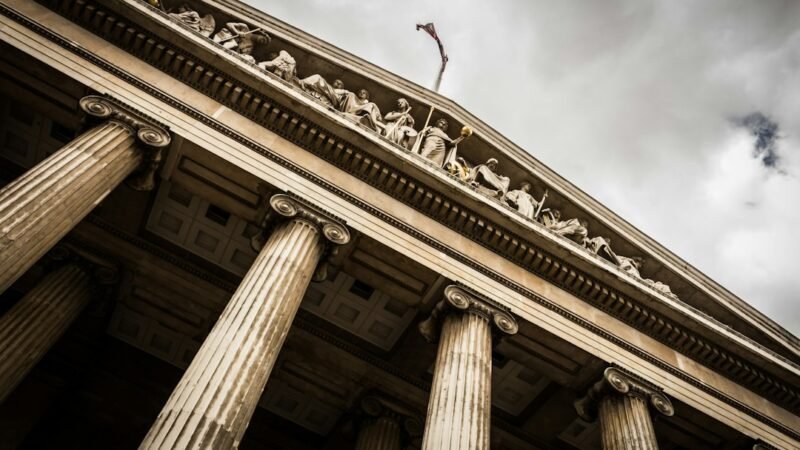 Low angle view of a courthouse building with columns