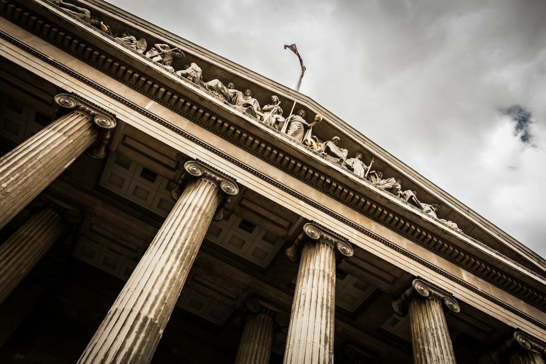 Low angle view of a courthouse building with columns