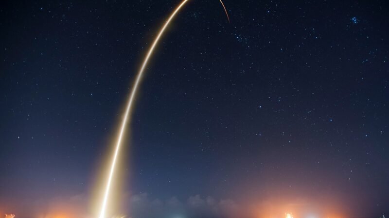 Long exposure of a rocket launch arcing over dark water at night