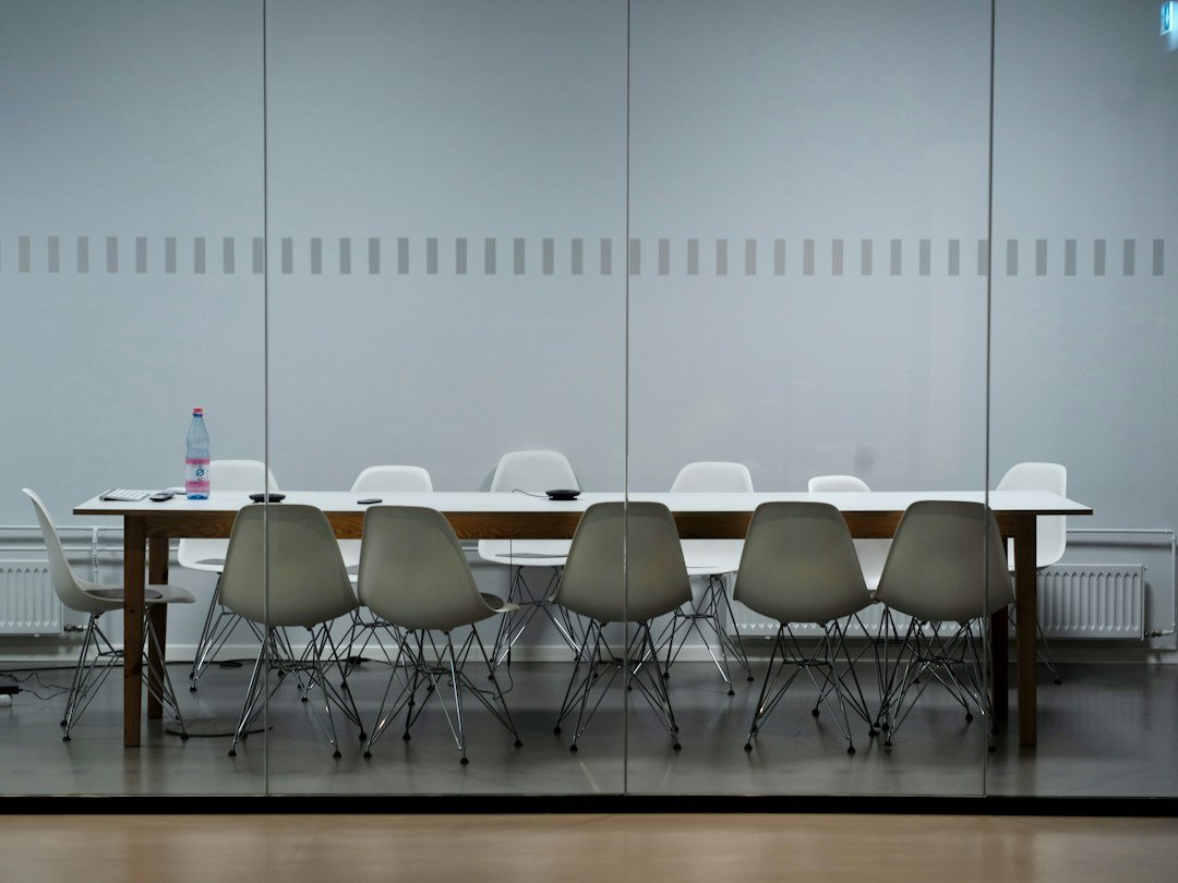 Empty meeting room table in a software company office