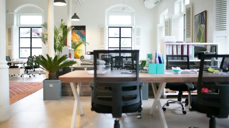 Quiet corporate office space with empty desks