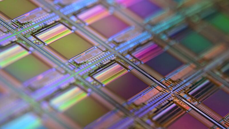 Macro photo of a silicon wafer with a grid of chip dies