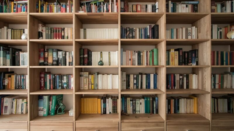 Wooden bookshelf filled with books in a library