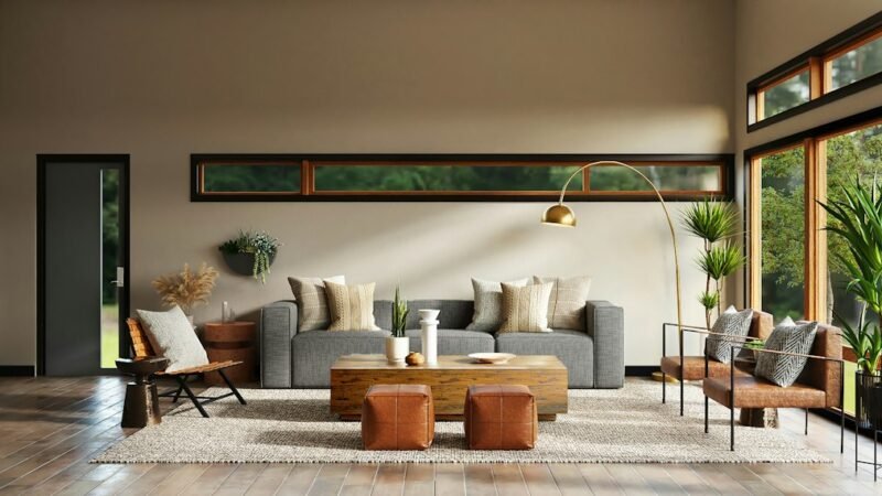 Modern living room furniture setting suited for smart home devices