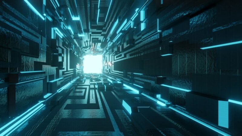 Abstract sci-fi rendering of glowing blue data infrastructure