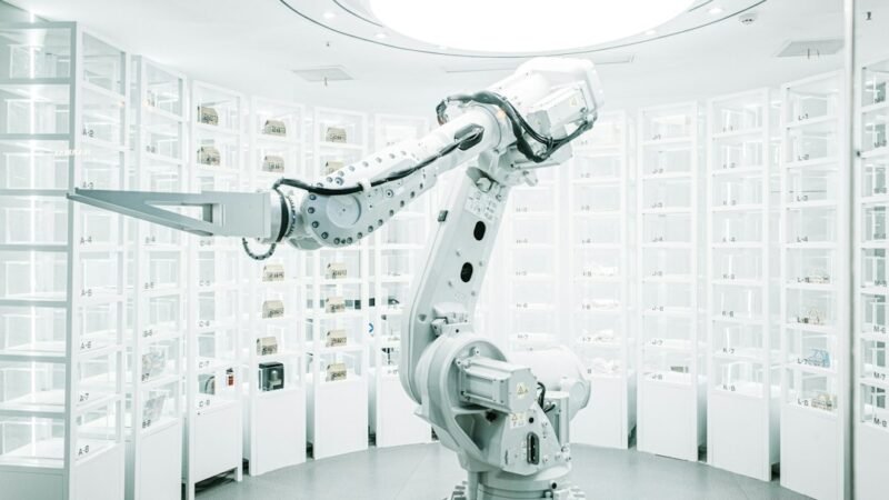 White robotic arm on display in a showroom setting