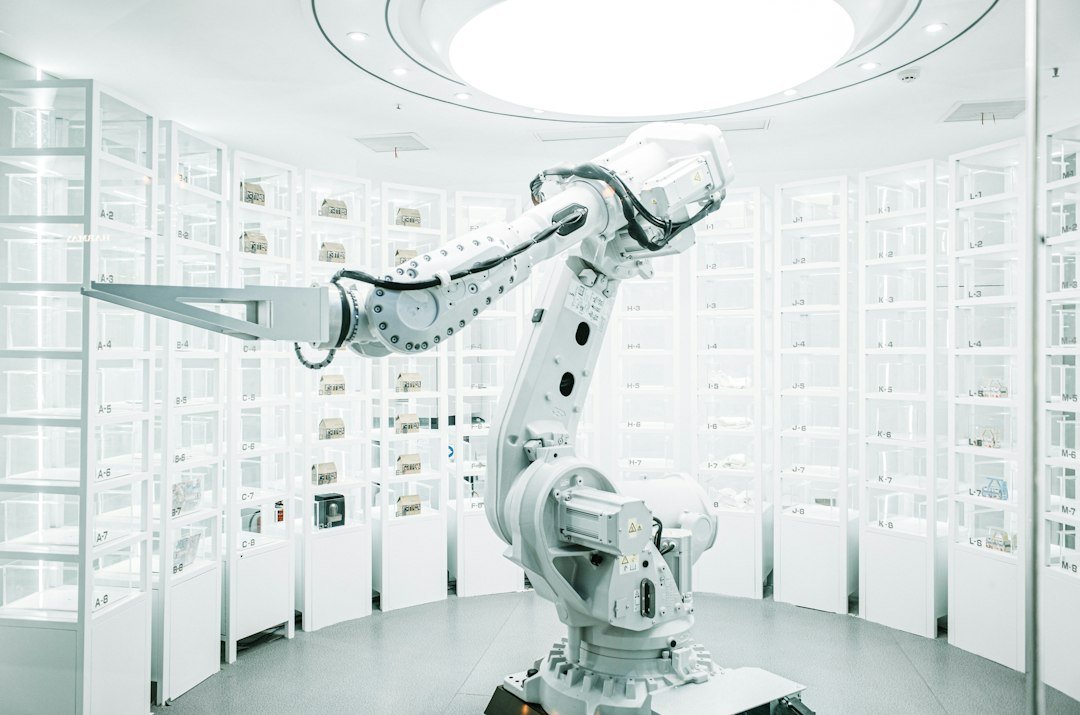 White robotic arm on display in a showroom setting