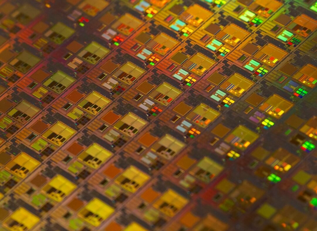 Close-up pattern of semiconductor chips representing TSMC record quarterly profit