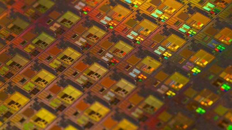Close-up pattern of semiconductor chips representing TSMC record quarterly profit