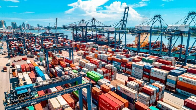 Port harbor with cargo cranes representing global technology export routes