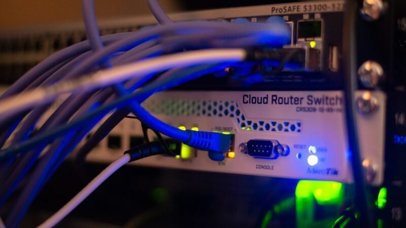 Networking equipment with ethernet cables connected in a data center