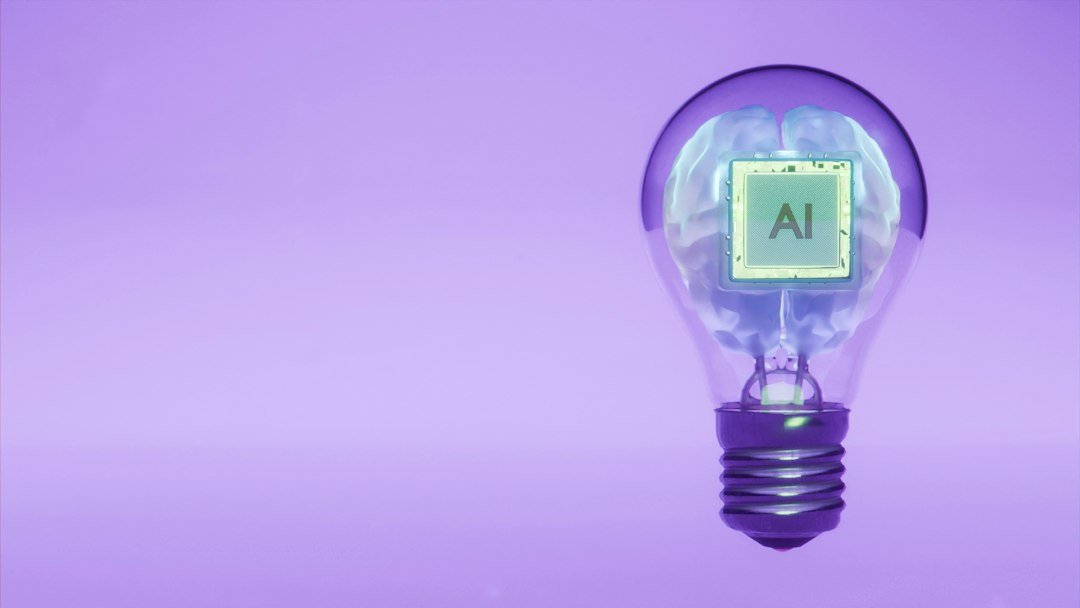 Conceptual render of an AI processor chip glowing against a purple gradient background