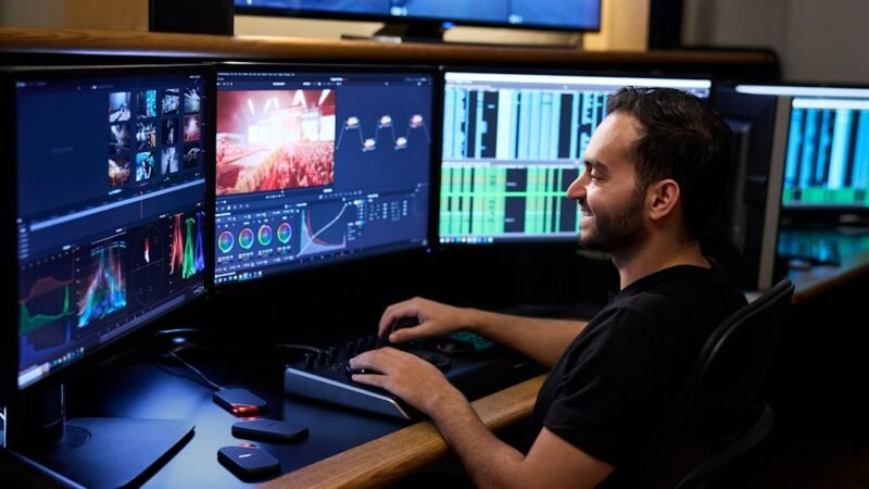 Person smiling while working on multiple computer monitors showing code