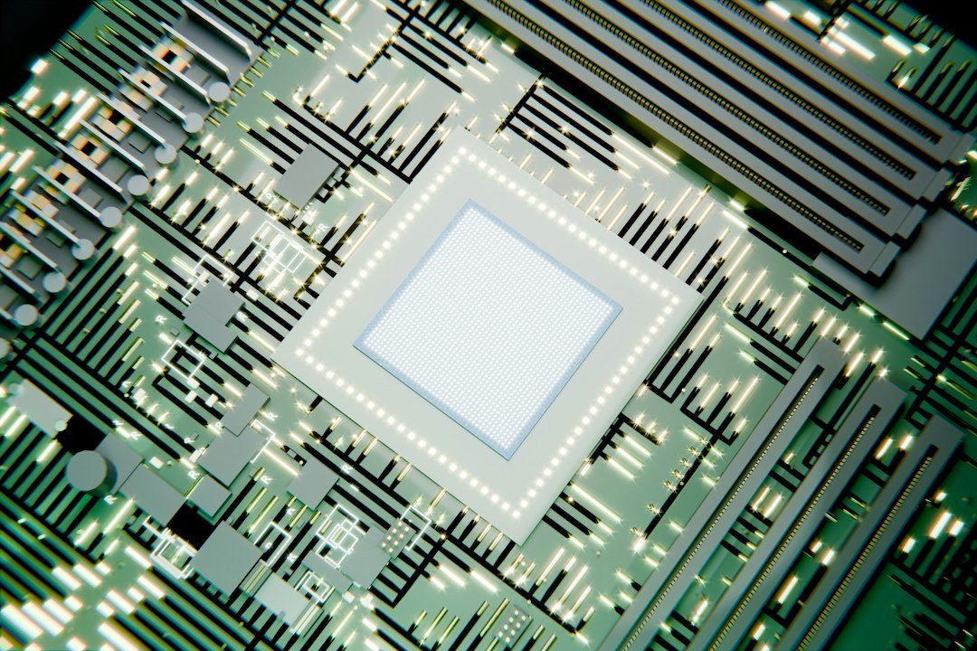 A glowing microchip on a green circuit board