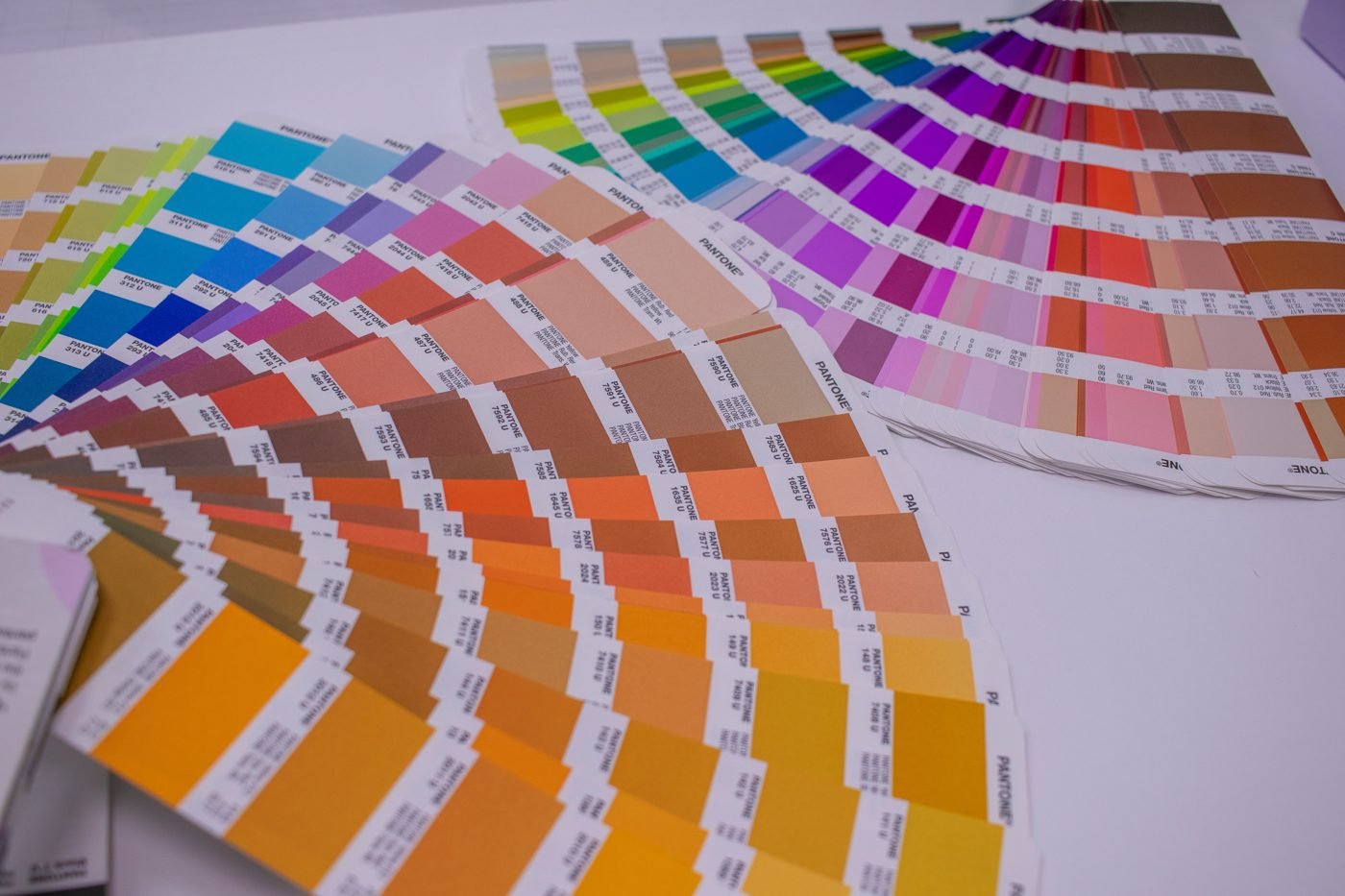 Fanned-out color swatch guides spread across a white table
