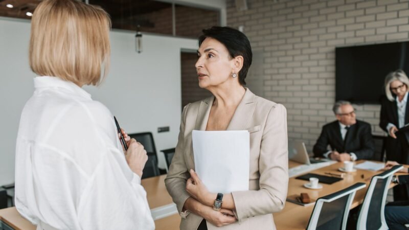 Two professionals talking across a meeting table in an office