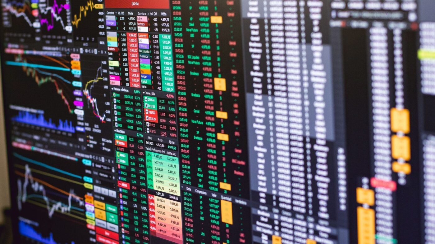 Financial trading screen showing colorful market charts and data