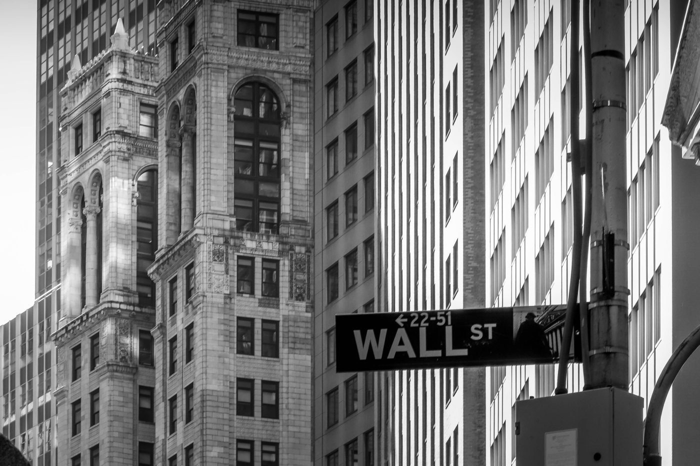 Black and white view of the Wall Street sign among New York buildings
