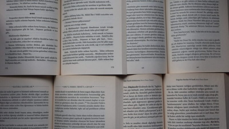 Pages of several open books laid side by side