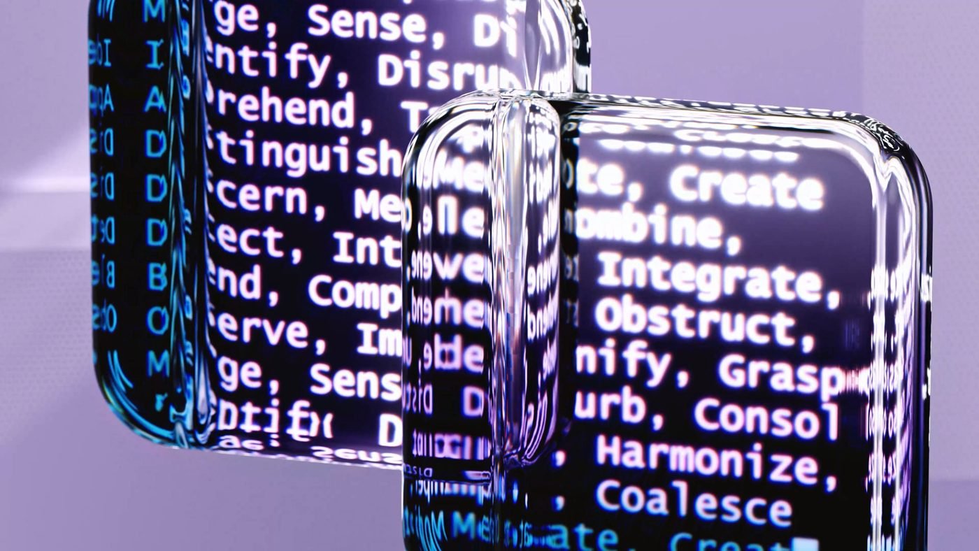 Abstract glass surfaces reflecting words and digital text