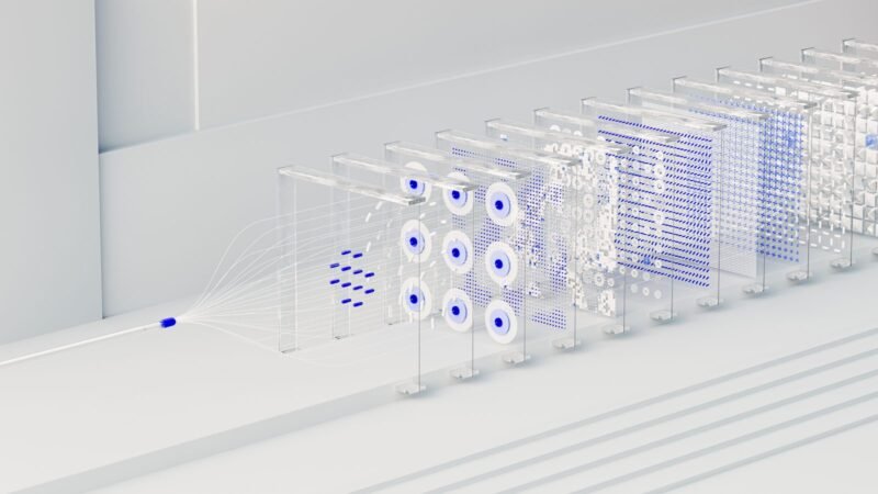 Abstract 3D render of neural network layers with data flowing through them