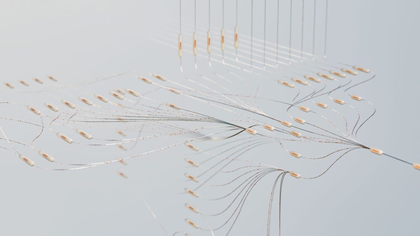 Abstract 3D visualization of a neural network with glowing connections