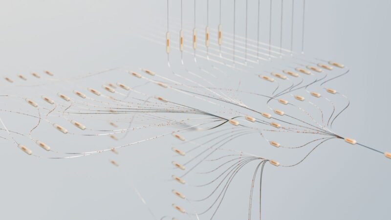Abstract 3D visualization of a neural network with glowing connections