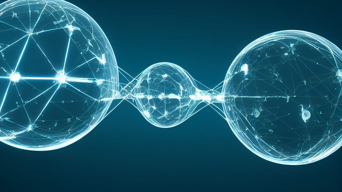 Abstract render of glowing digital spheres connected by light