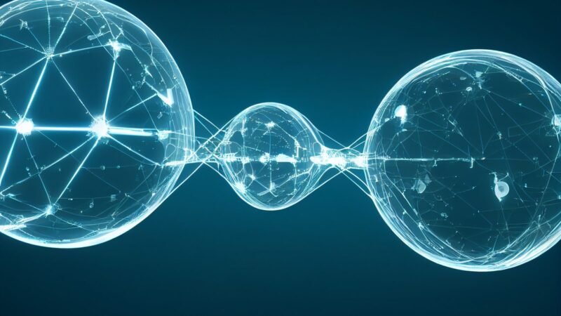 Abstract render of glowing digital spheres connected by light